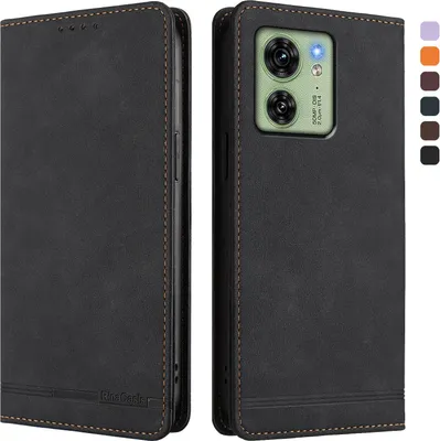 Image de Etui pour Motorola Edge 40, étui rétro en cuirPolyuréthaneavec support et fentes pour cartes de crédit Noir