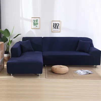Produktbild von ele ELEOPTION Sofahusse Sofabezug Stretchhusse 2er Set 3 Sitzer für L Form Sofa inkl. 2 Stücke Kissenbezug Marineblau