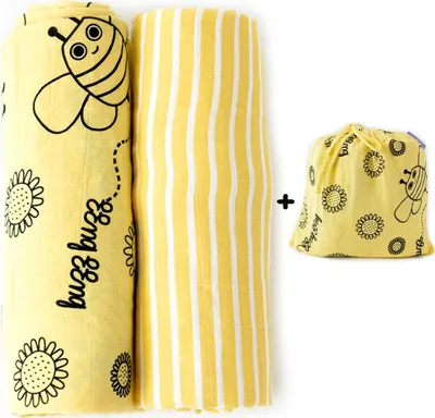 Produktbild von Milk&Moo Buzzy Bee Musselin Wickeldecke 2er-Set, 100% Baumwolle, Stilltuch, 2 Stück Musselin Babydecke für Kinderwagen und Babyschale, 110x110 cm, gelb