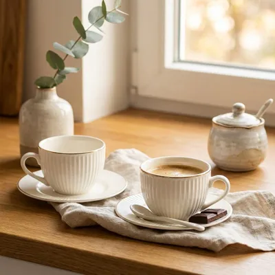 Produktbild von Set aus 2 Tassen mit Untertasse ecru gestreift Goldrand Lumena 260 ml
