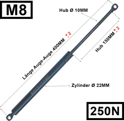 Produktbild von Gasdruckfeder Gasdruckdämpfer Universal Dämpfer Auge-Auge Aufnahme Länge: 400MM Hub: 150MM Kraft: 250N