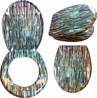 A collage of a toilet seat and lid with a decorative mosaic pattern.