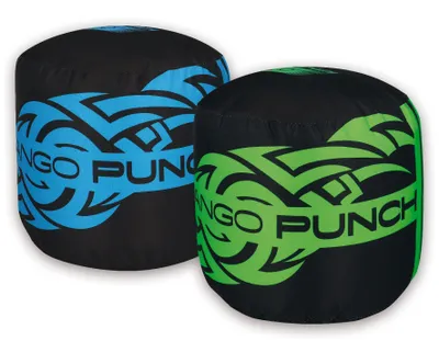 Two punching bags with tribal-like designs and the text "MANGO PUNCH" are shown against a white background.
