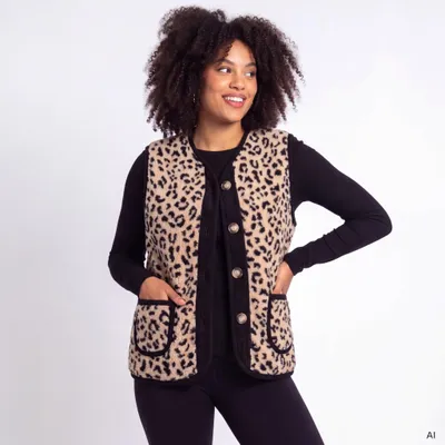 Produktbild von Bouclé Weste Damen Kurzweste Gr. 36-46 Leo Look Beige Teddyweste mit Knopfleiste
