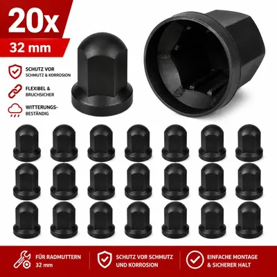 Imagen del producto de 20 tapas de protección para tuercas de rueda de goma negra, con un diámetro de 32 mm, diseñadas para tornillos de gran tamaño, ideales para camiones, Imagen generada por IA
