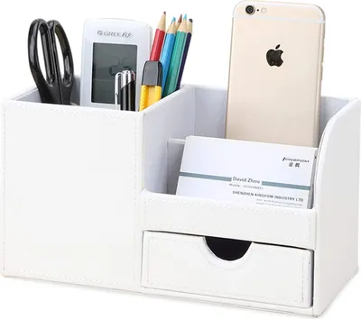 Produktbild von Büro Schreibtisch Organizer Ordnungssystem 4 Speicherabteil Kunstleder Stiftebox Stifteköcher Bürobedarf (Weiß)