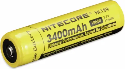 A yellow Nitecore 18650 rechargeable battery with black text and markings.