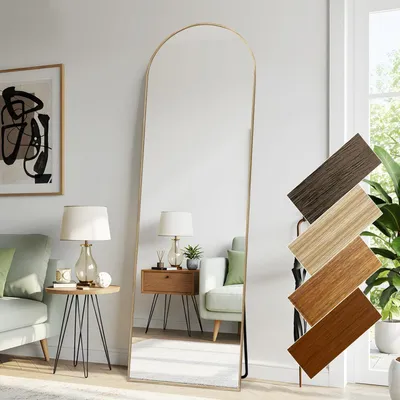 Produktbild von Ganzkörperspiegel 52 x 161 cm Gewölbt Aluminiumrahmen Holzoptik Beige Standspiegel Ankleidespiegel