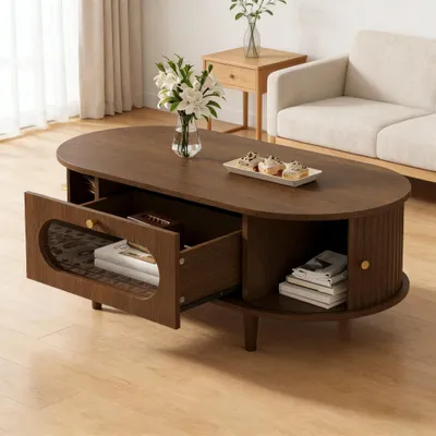 Image de Table basse Merax avec 1 tiroir et une porte coulissante, table d'appoint en MDF et verre, table de salon à 4 pieds, finition noyer