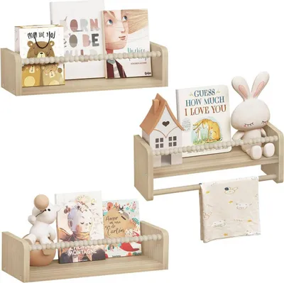 Produktbild von WOLTU 3er Set Kinder Bücherregal, Wandregal, aus Massivholz, für Bücher Spielzeug : Holzfarbe 40 x 15 x 14 cm Farbe: Holzfarbe Größe: 40 x 15 x 14 cm
