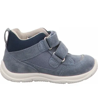 A single blue child's shoe is shown against a white background.