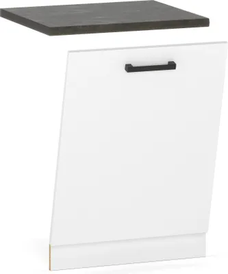 A white cabinet door with a black handle and a dark gray countertop above it, isolated on a white background.