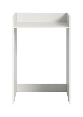 A white over-cabinet for a washing machine and dryer.