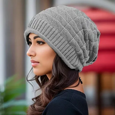 Obrázek produktu pro Čepice dámská zimní čepice šedá, pletená čepice, teplá elastická zimní čepice, měkká stylová dámská čepice podzim zima jaro, nápad na dárek, A0704