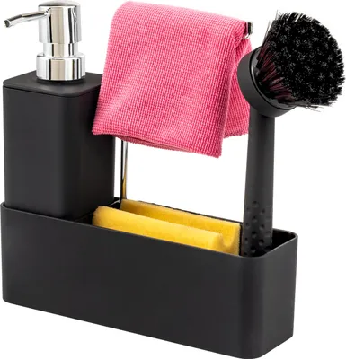 Produktbild von eluno Spülbecken Organizer mit Soft-Touch Oberfläche, Seifenspender, Ablage, Spülbürste und Tuchhalter, schwarz