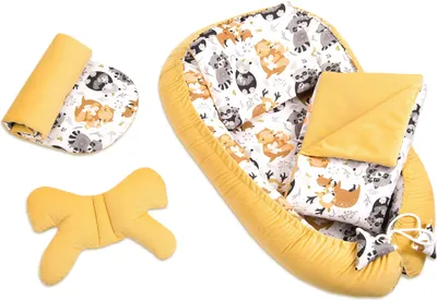 Obrázok produktu pre PIMKO Velvet Babynestchen Kuschelnest 5-dielna sada Ink. teplé detské hniezdo 90x55 cm vankúš detská deka multifunkčné 2-stranné hniezdo pre bábätká super mäkké detské hniezdo (horčicová)