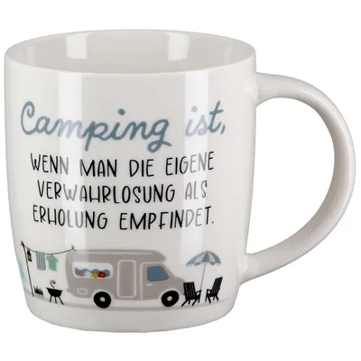 Produktbild von Gilde - 62727 - Kaffeebecher, Tasse, Mit Spruch: Camping ist, ..., Porzellan, 8,5cm x 12cm x 9cm, 380ml