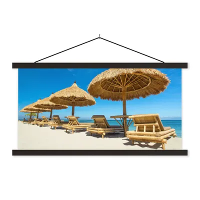 Produktbild von MuchoWow® Textilposter Strandkorb - Strand - Sonnenschirm - Meer - Sommer 150x75 cm mit schwarzem Rahmen - Posterleiste