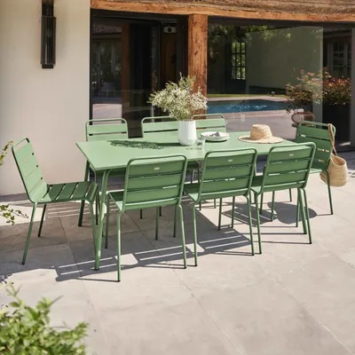 Image de Ensemble table de jardin et 8 chaises en métal vert cactus  - Oviala Palavas