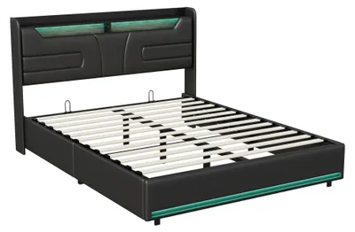 Produktbild von Bett 160×200 cm - Polsterbett mit Stauraum - LED-Beleuchtung - USB-Anschlüsse - Gepolstertes Kopfteil - Lattenrost - Modernes Design