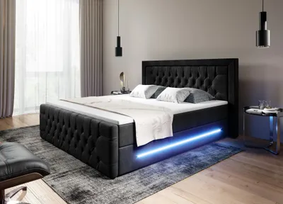 Produktbild von Moebelfest Boxspringbett 180x200 cm mit Blau LED-Beleuchtung: Polsterbett mit 2 Bettkästen, 2 Taschenfederkernmatratzen 7 Zonen, Topper sowie Kopf- und Fußteil (Manchester in Schwarz)