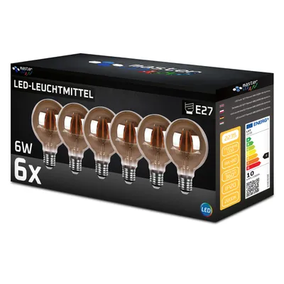 Produktbild von MasterLED E27 G80 Filament LED - 6W 600lm - Leuchtmittel - 2200K Warmweiß Rauchglas - 6er Set