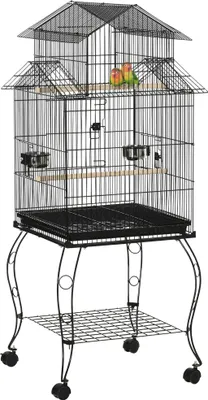 Obrázek produktu pro Klec pro ptáky - Stojící klec - S kolečky - Výsuvný podstavec - Krmné misky - Železo - 50×49×137 cm - Černá barva