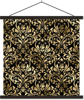 Produktbild von MuchoWow® Textilposter Muster - Barock - Gold - Schwarz 120x120 cm mit schwarzem Rahmen - Aufhängungsset