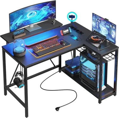 Immagine prodotto di Scrivania angolare da gaming Bestier a forma di L 106,5 cm - Scrivania con illuminazione a LED - Scrivania per computer - con ripiano e contenitore Nero