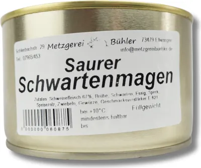 Produktbild von Saurer Schwartenmagen Preßsack Dosenwurst 200g Wurstkonserve Metzgerei Bühler