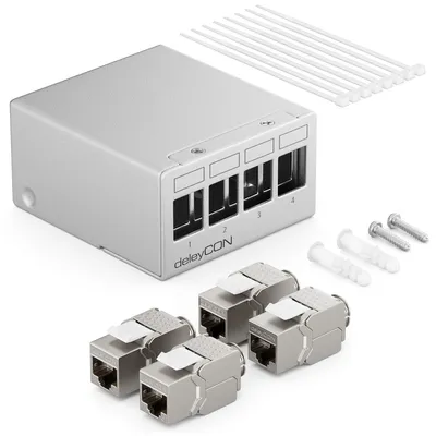 Productafbeelding van deleyCON 4-poorts patchpaneelset, patchveld CAT6a STP, 1 HE - grijs - bestaande uit: 4 poorten + 4x RJ45 keystone-connectoren