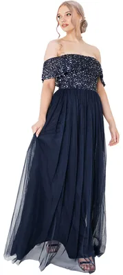 Productafbeelding van Maya Deluxe damesjurk, model Maya Bardot, lange bruidsmeisjesjurk met versieringen, marineblauw, maat 52 EU