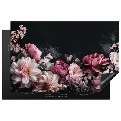 Produktbild von KitchenYeah© Herdabdeckplatte Blumen - Rosa - Natur - Schwarz , 80x52cm, Küche Deko, Glaskeramikkochfeld Herdabdeckung, Abdeckplatte fùr Kochfeld