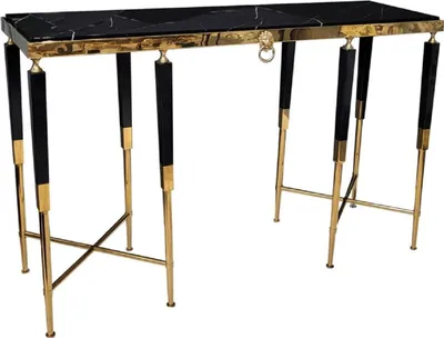 Produktbild von Casa Padrino Luxus Konsole Schwarz / Gold 140 x 40 x H. 85 cm - Rechteckiger Konsolentisch mit Kunstmarmor Tischplatte - Wohnzimmer Möbel - Luxus Möbel - Luxus Einrichtung