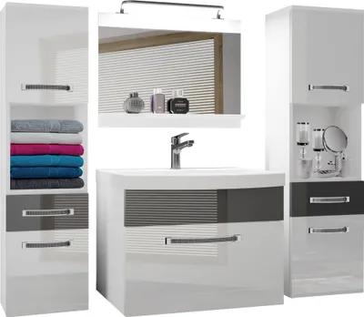 Produktbild von BELINI Badmöbel Vollausstattung Set Waschbeckenschrank, 2x Hochschrank, Waschbecken, Spiegel, Lampe (Weiß/ Silber, Glänzend)
