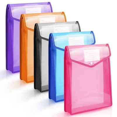 Immagine prodotto di Custodie per documenti A4, confezione da 5 pezzi, nei colori blu, viola, bianco, rosa e arancione, in PP, formato verticale
