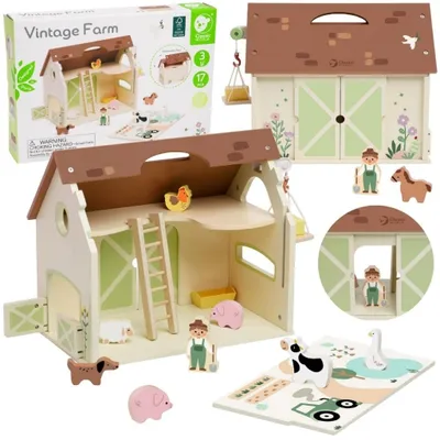 Image de Ensemble de figurines vintage de maison de ferme en bois Classic World, 17 pièces.