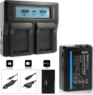 Produktbild von 1x Akku + Lader für Sony NP-FW50 Alpha 6000 6500 7R II NEX 7 RX10 1030 mAh