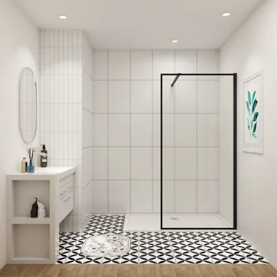 A modern bathroom with a walk-in shower, vanity, and patterned floor tiles.