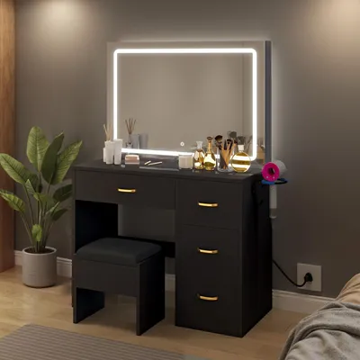 Produktbild von Schminktisch mit verstellbaren LED-Beleuchtung und Steckdosen, Frisiertisch mit 4 Schubladen mit 1 Hocker, Schwarz