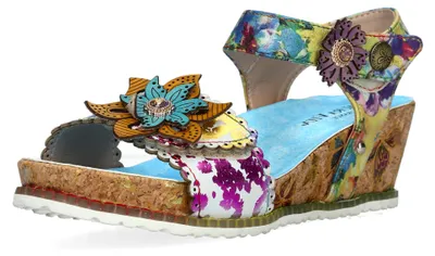 Produktbild von Laura Vita Damen Sandalette Leder Blüten Keilabsatz in Korkoptik Beclindao 26, Größe:38 EU, Farbe:Blau