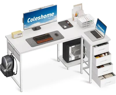 Produktbild von Eckschreibtisch L-Form 120x70cm mit 4 Schubladen umkehrbar Weiß