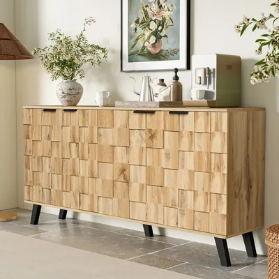 Immagine prodotto di okwish Comodino Mobile da cucina con ampio spazio di contenimento, mobile a 4 ante, mobile con cassetti per il soggiorno, 160,5 x 35,5 x 78 cm, naturale