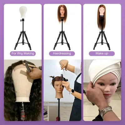 Produktbild von Famanu Pruikstandaard Verstellbar 140 cm - Halter mit Antirutschfuß und T-Pin Set - Inklusive Perückenkappe, Kamm und Haarnadeln