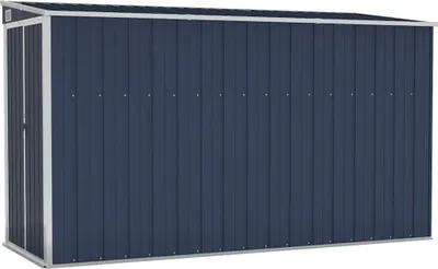 A dark blue metal shed with silver trim, shown from the front.