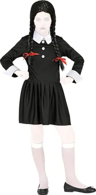 Produktbild von com-four® Kostum-Kleid - Gothic-Kleid als Verkleidung für Mädchen - Kinderkostüm Schulmädchen - Cosplay-Outfit im Stil von Wednesday - schwarzes Kleid mit Kragen - Gr. 140