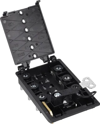 A black electrical connection box with its lid open, showing internal components.