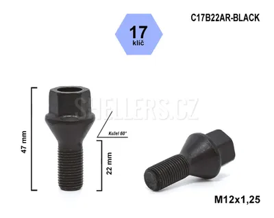 Obrázok produktu pre Skrutka kolesa M12x1,25x22 s kužeľom, kľúč 17, C17B22AR-BLACK, výška 47 mm