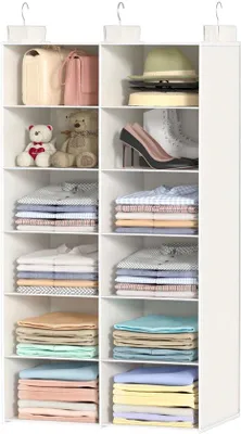 Immagine prodotto di Organizzatore appendibile per abiti Unyqoos® – doppio lato, 6 scomparti, pieghevole, realizzato in tessuto non tessuto bianco, con 3 ganci metallici robusti per un'ottimizzazione dello spazio