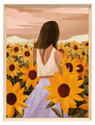 Image de Tableau mural encadré femme au champ de tournesols 60x80 cm, Tableau mural moderne pour décoration intérieure